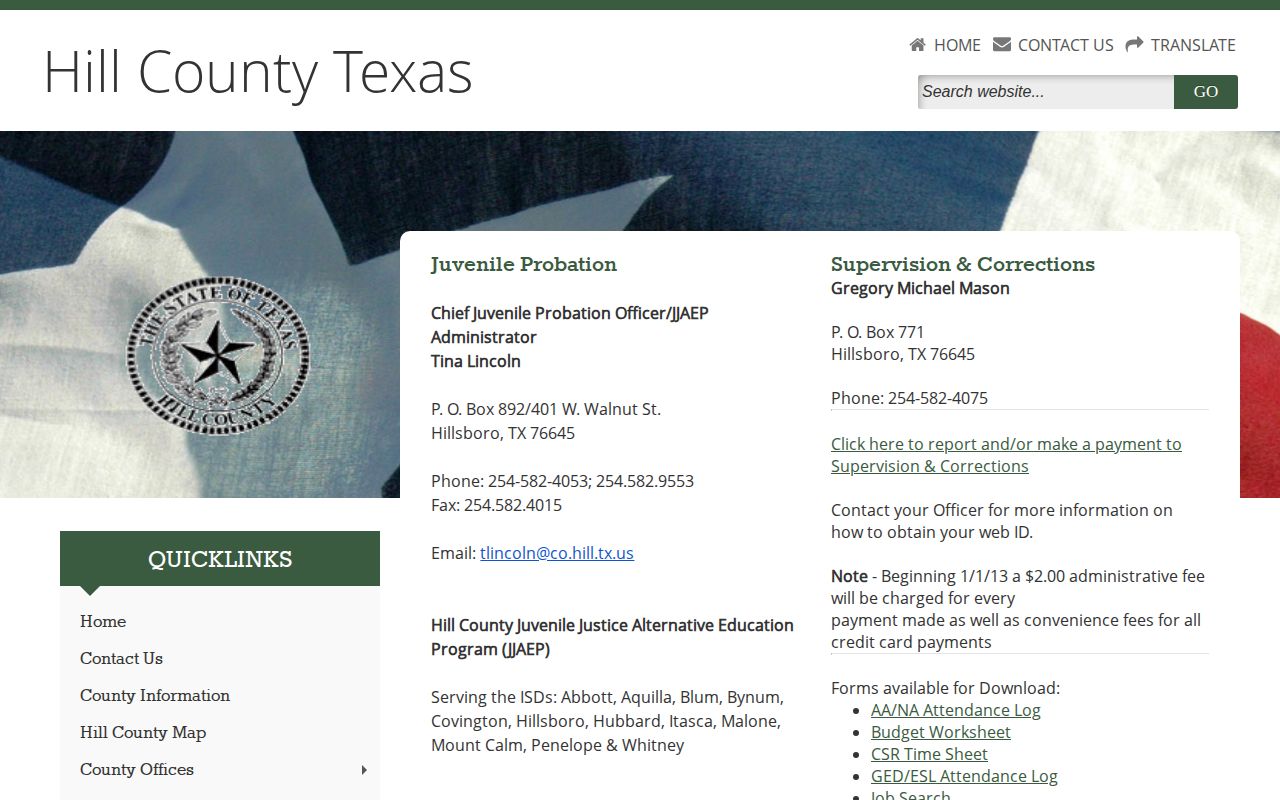 Hill County probation office and supervision records page